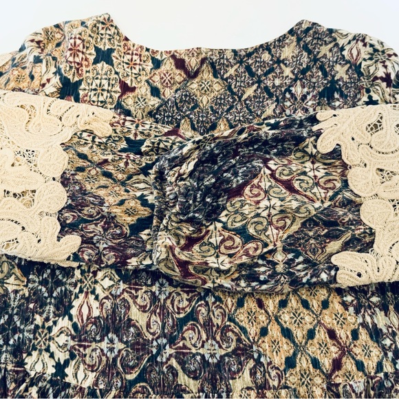 Vintage America Blues Ladies Peasant Pull Over Blouse Size Large Tan Lace Panels - Picture 13 of 16